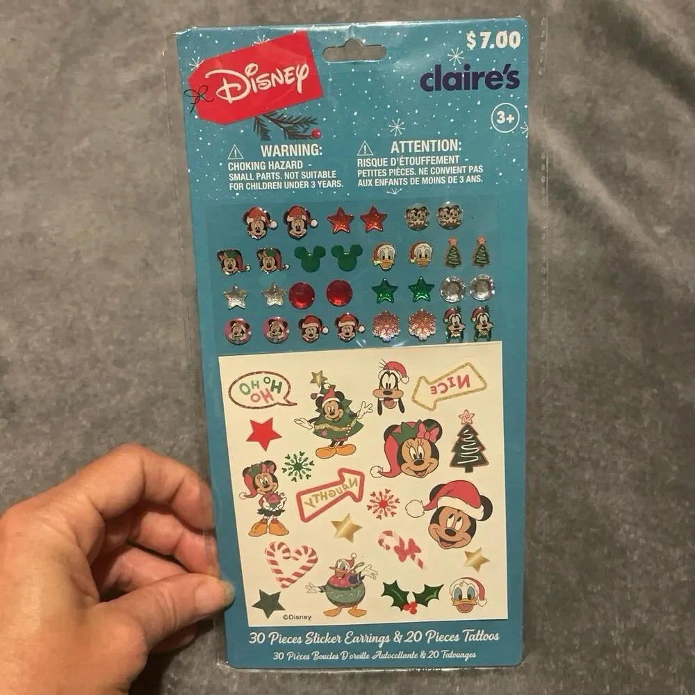 Claires Disney Minnie Mouse Christmas Sticker Earrings & Tattoos Set Vintage Y2K